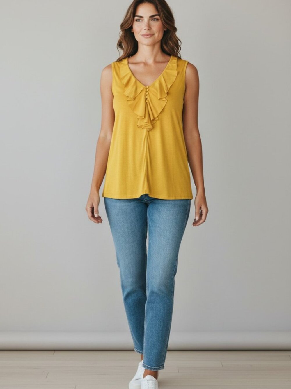 Isaac Mizrahi Live - Yellow Ruffle sleeveless top SZ L